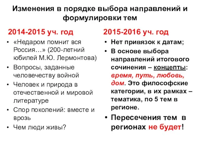 Изменения в порядке выбора направлений и формулировки тем 2014-2015 уч. год «Недаром