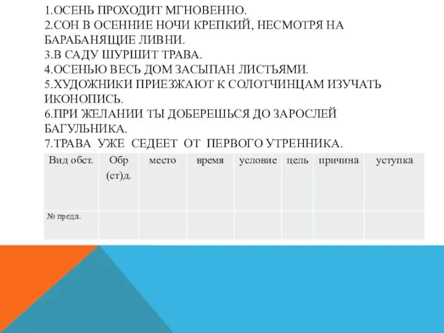 1.Осень проходит мгновенно. 2.Сон в осенние ночи крепкий, несмотря на барабанящие ливни.