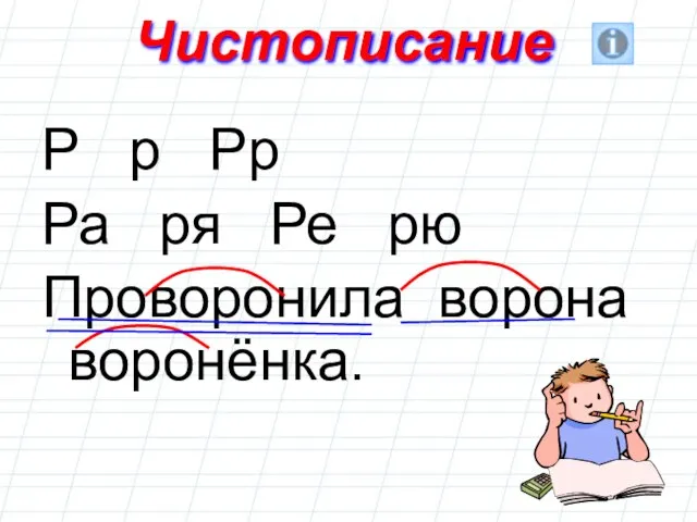 Чистописание Р р Рр Ра ря Ре рю Проворонила ворона воронёнка.