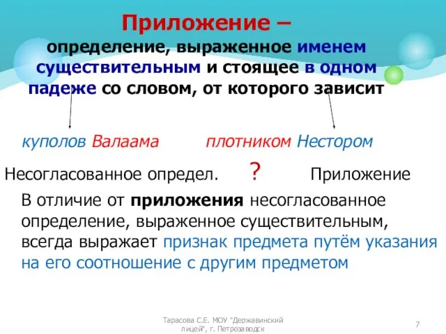 Приложение – определение, выраженное именем существительным и стоящее в одном падеже со