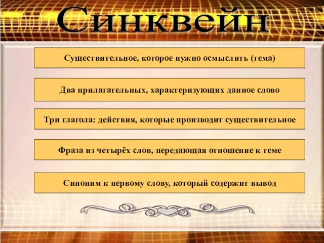 Синквейн Существительное, которое нужно осмыслить (тема) Два прилагательных, характеризующих данное слово Три