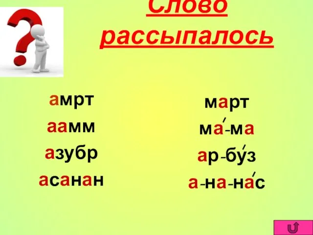 Слово рассыпалось амрт аамм азубр асанан март ма-ма ар-буз а-на-нас