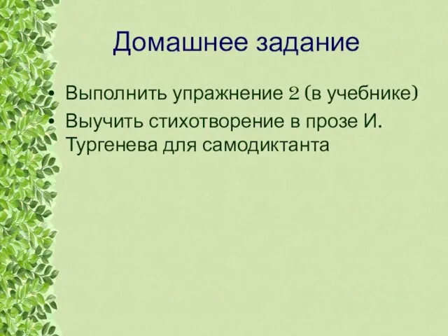 Домашнее задание Выполнить упражнение 2 (в учебнике) Выучить стихотворение в прозе И.Тургенева для самодиктанта