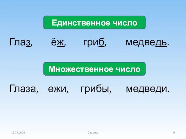 19.02.2009 2 класс Глаз, ёж, гриб, медведь. Глаза, ежи, грибы, медведи. Единственное число Множественное число