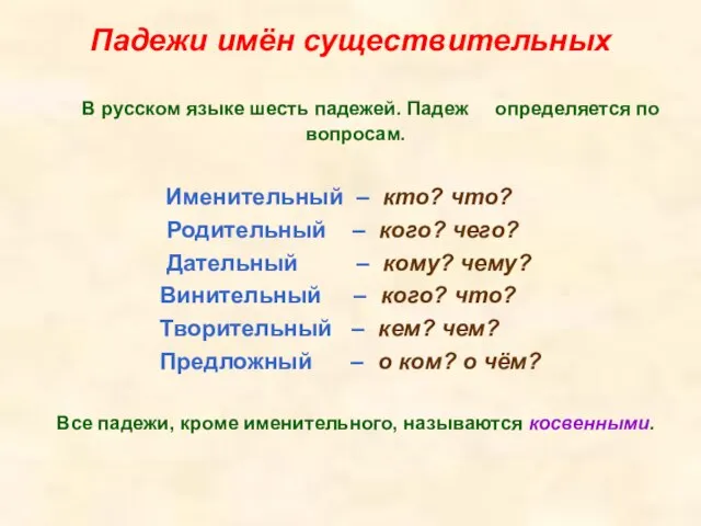 Падежи имён существительных В русском языке шесть падежей. Падеж определяется по вопросам.