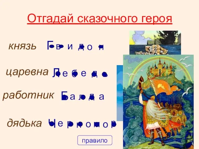 Отгадай сказочного героя князь и о Г в н д царевна Л