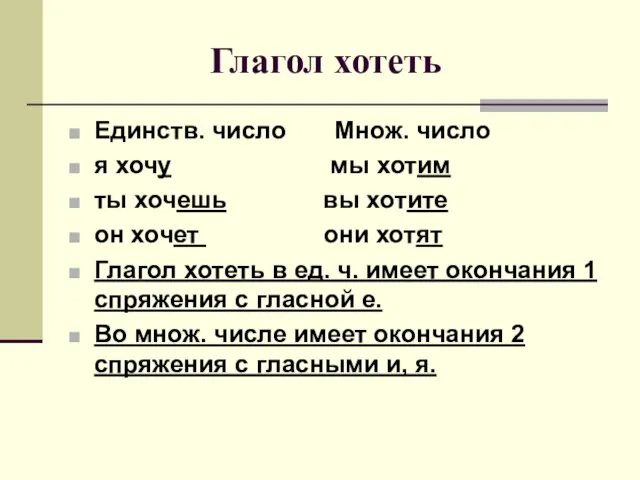 Глагол хотеть Единств. число Множ. число я хочу мы хотим ты хочешь