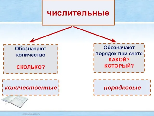 числительные Обозначают количество СКОЛЬКО? Обозначают порядок при счете КАКОЙ? КОТОРЫЙ? количественные порядковые