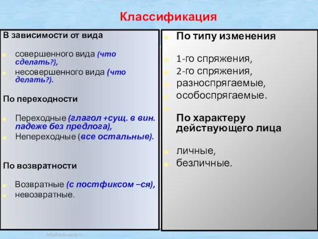 Классификация В зависимости от вида совершенного вида (что сделать?), несовершенного вида (что