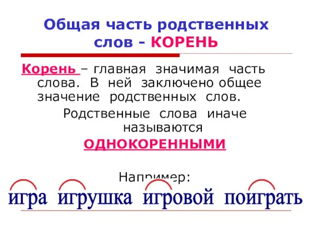 Общая часть родственных слов - КОРЕНЬ Корень – главная значимая часть слова.