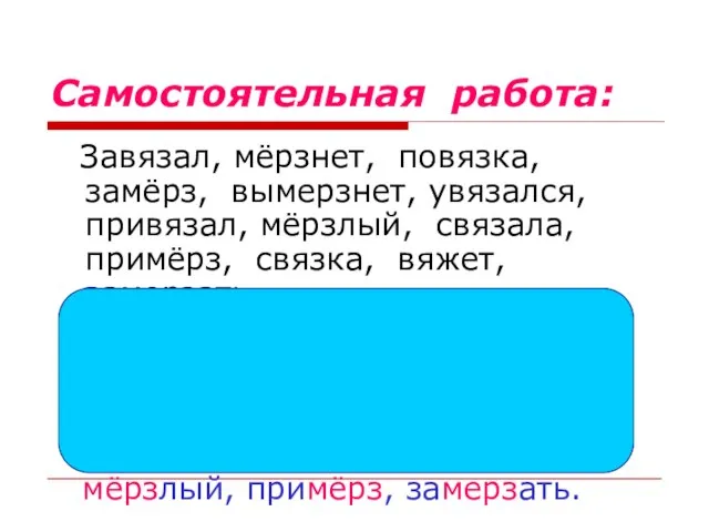 Самостоятельная работа: Завязал, мёрзнет, повязка, замёрз, вымерзнет, увязался, привязал, мёрзлый, связала, примёрз,