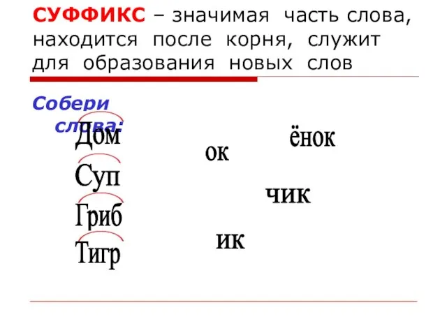 СУФФИКС – значимая часть слова, находится после корня, служит для образования новых