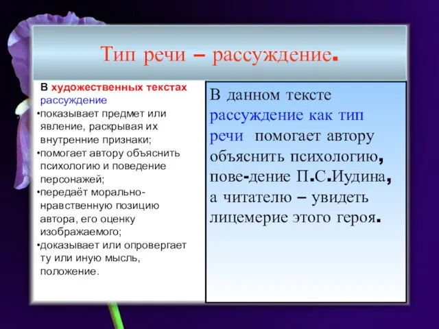 Тип речи – рассуждение. В художественных текстах рассуждение показывает предмет или явление,