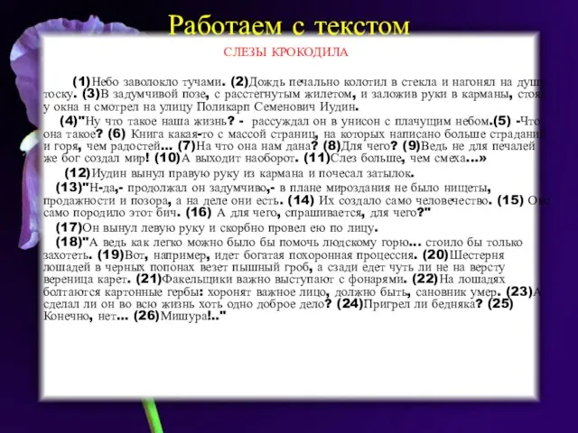 Работаем с текстом СЛЕЗЫ КРОКОДИЛА (1)Небо заволокло тучами. (2)Дождь печально колотил в