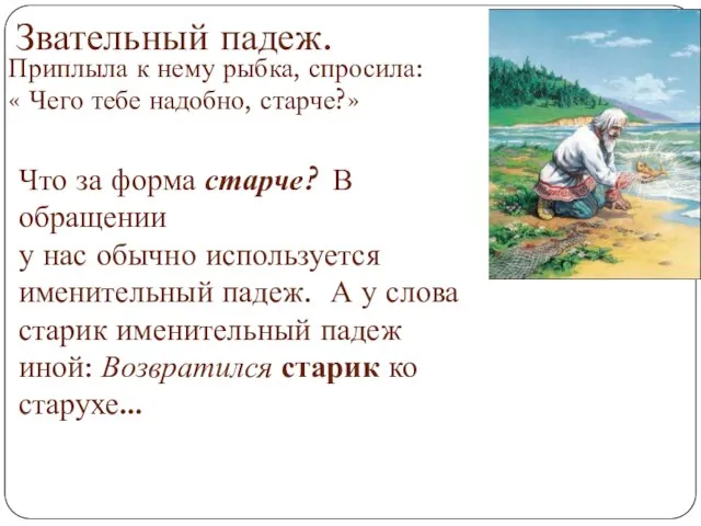 Звательный падеж. Приплыла к нему рыбка, спросила: « Чего тебе надобно, старче?»