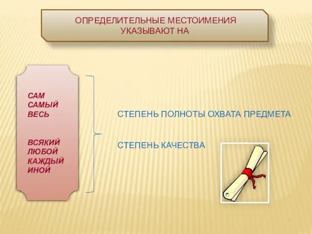 СТЕПЕНЬ ПОЛНОТЫ ОХВАТА ПРЕДМЕТА СТЕПЕНЬ КАЧЕСТВА ОПРЕДЕЛИТЕЛЬНЫЕ МЕСТОИМЕНИЯ УКАЗЫВАЮТ НА САМ САМЫЙ