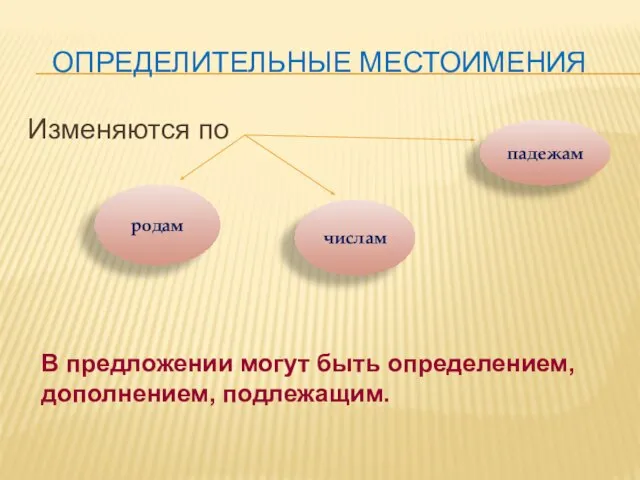 Определительные местоимения Изменяются по родам числам падежам В предложении могут быть определением, дополнением, подлежащим.