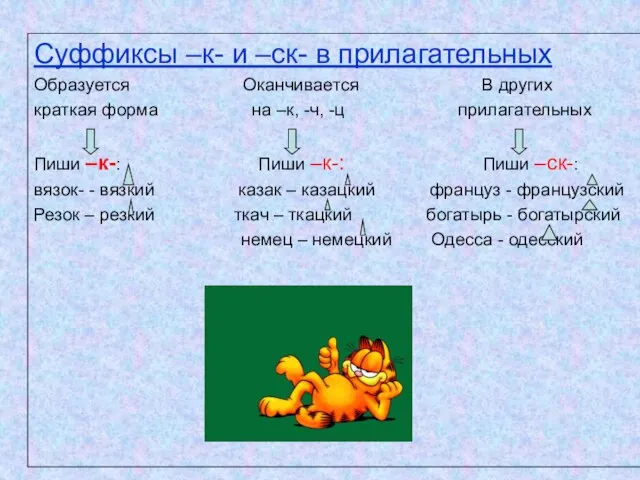 Суффиксы –к- и –ск- в прилагательных Образуется Оканчивается В других краткая форма