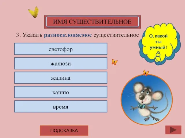 3. Указать разносклоняемое существительное светофор жалюзи жадина кашпо время Подумай ещё, а