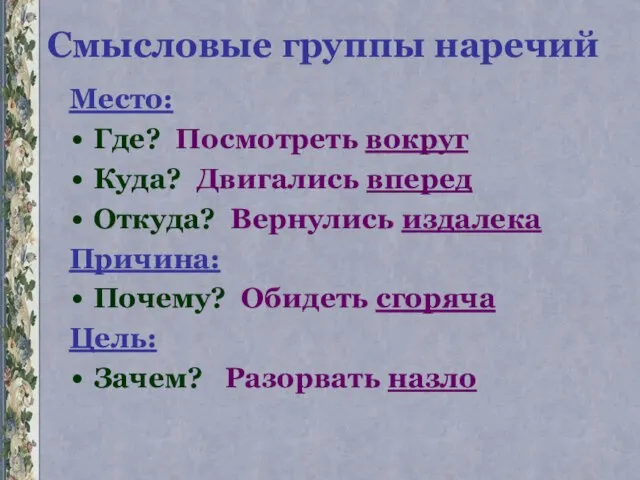 Смысловые группы наречий Место: Где? Посмотреть вокруг Куда? Двигались вперед Откуда? Вернулись