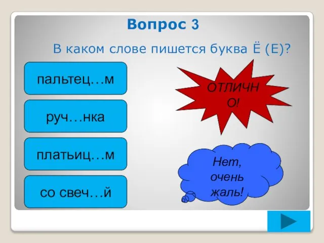 Вопрос 3 В каком слове пишется буква Ё (Е)? пальтец…м руч…нка платьиц…м