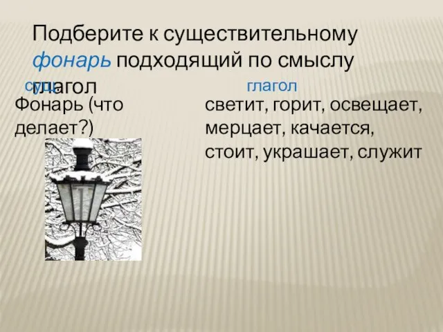 Подберите к существительному фонарь подходящий по смыслу глагол Фонарь (что делает?) светит,