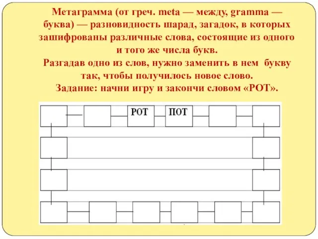 Метаграмма (от греч. meta — между, gramma — буква) — разновидность шарад,