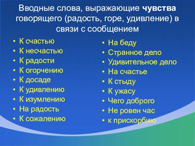 Вводные слова, выражающие чувства говорящего (радость, горе, удивление) в связи с сообщением