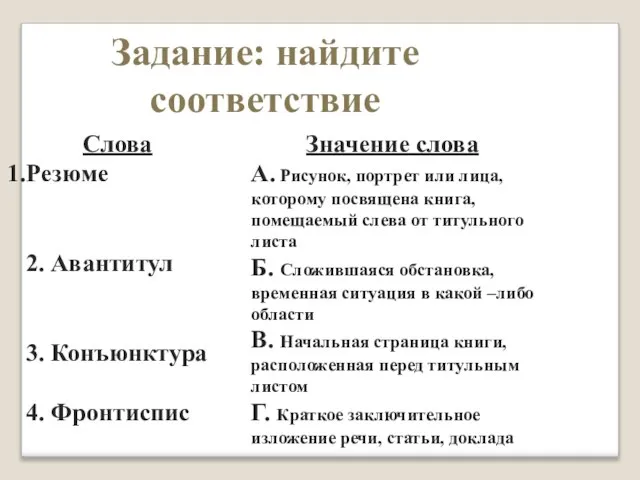 Задание: найдите соответствие Слова Резюме 2. Авантитул 3. Конъюнктура 4. Фронтиспис Значение