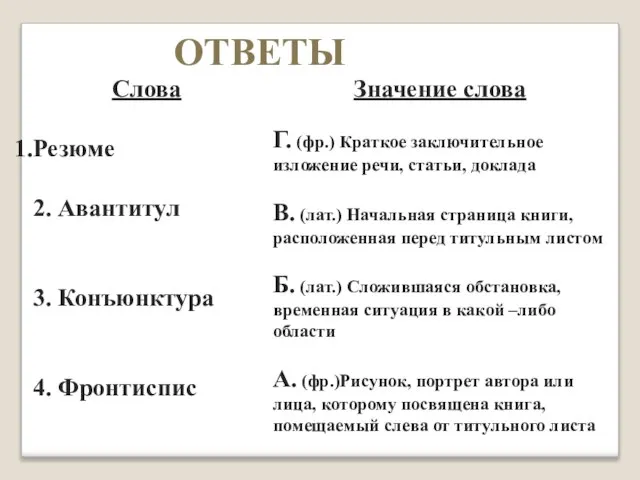 ОТВЕТЫ Слова Резюме 2. Авантитул 3. Конъюнктура 4. Фронтиспис Значение слова Г.