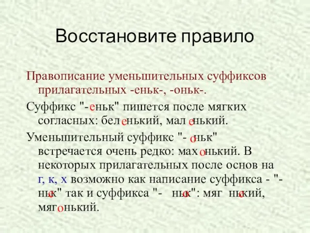 Восстановите правило Правописание уменьшительных суффиксов прилагательных -еньк-, -оньк-. Суффикс "- ньк" пишется