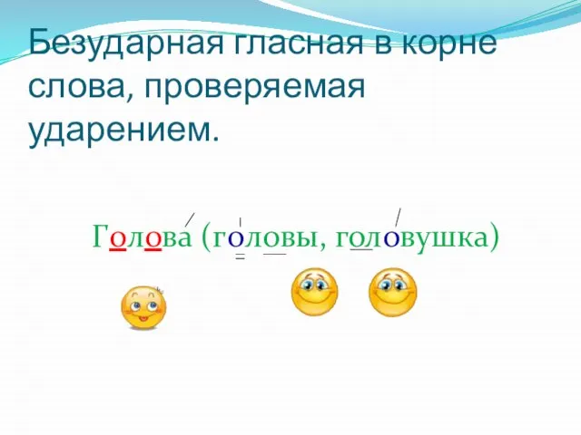 Безударная гласная в корне слова, проверяемая ударением. Голова (головы, головушка)