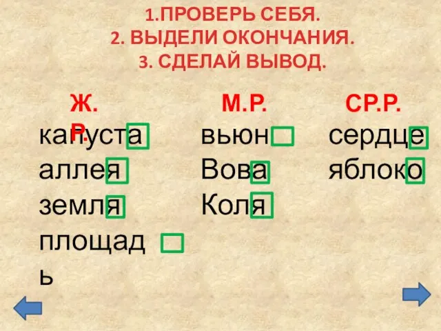 1.ПРОВЕРЬ СЕБЯ. 2. ВЫДЕЛИ ОКОНЧАНИЯ. 3. СДЕЛАЙ ВЫВОД. капуста аллея земля площадь