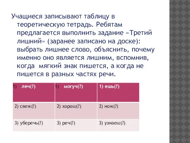 Учащиеся записывают таблицу в теоретическую тетрадь. Ребятам предлагается выполнить задание «Третий лишний»