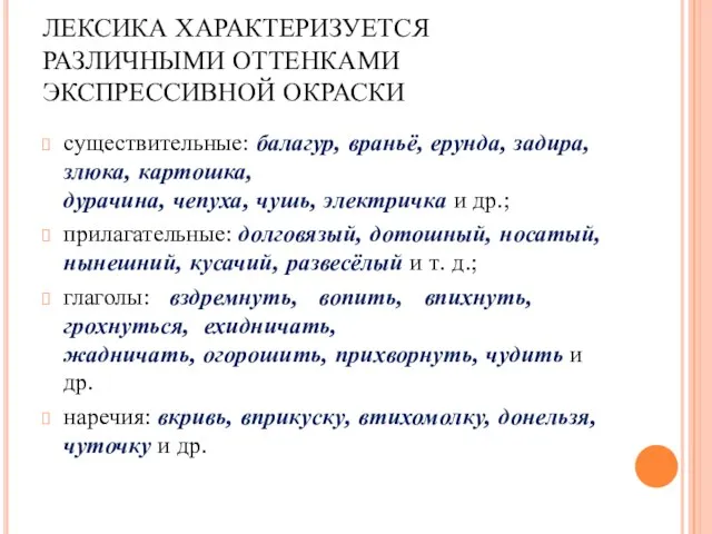 ЛЕКСИКА ХАРАКТЕРИЗУЕТСЯ РАЗЛИЧНЫМИ ОТТЕНКАМИ ЭКСПРЕССИВНОЙ ОКРАСКИ существительные: балагур, враньё, ерунда, задира, злюка,