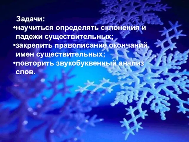 Задачи: научиться определять склонения и падежи существительных; закрепить правописание окончаний имен существительных; повторить звукобуквенный анализ слов.