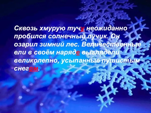 Сквозь хмурую тучу неожиданно пробился солнечный лучик. Он озарил зимний лес. Величественные