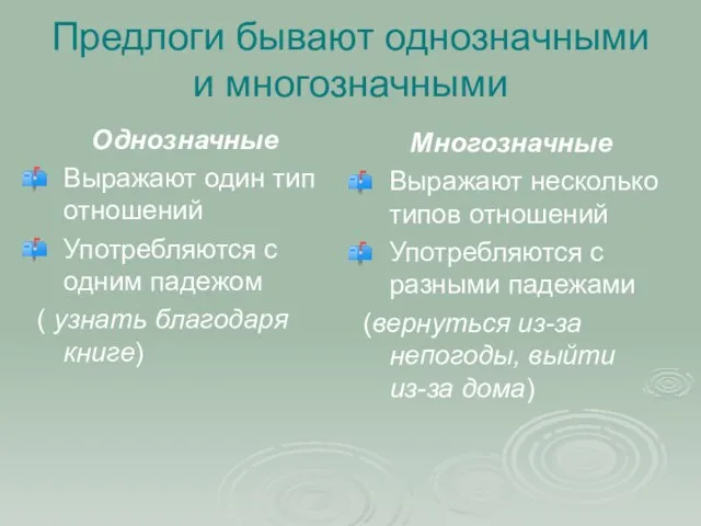 Предлоги бывают однозначными и многозначными Однозначные Выражают один тип отношений Употребляются с