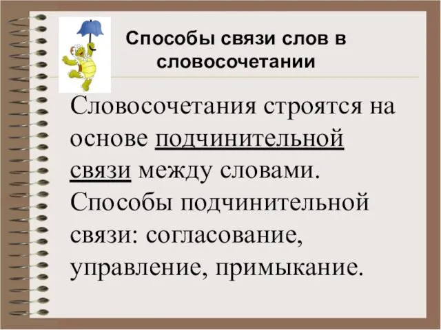 Способы связи слов в словосочетании Словосочетания строятся на основе подчинительной связи между