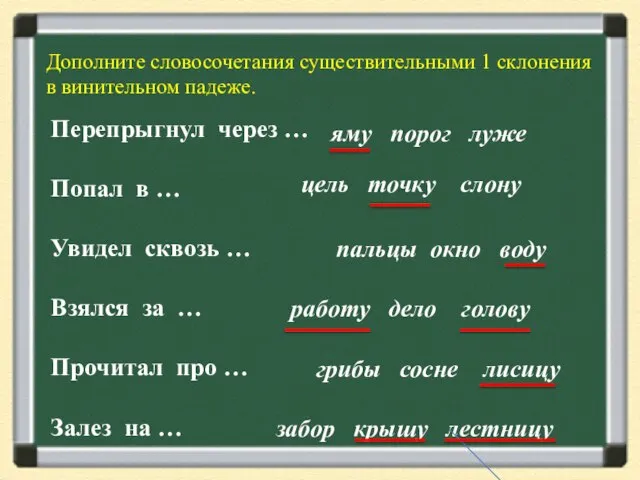 Дополните словосочетания существительными 1 склонения в винительном падеже. Перепрыгнул через … Попал