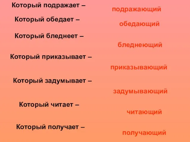 Который подражает – обедающий Который бледнеет – Который приказывает – Который задумывает