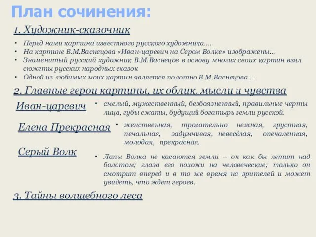 План сочинения: 1. Художник-сказочник Перед нами картина известного русского художника…. На картине