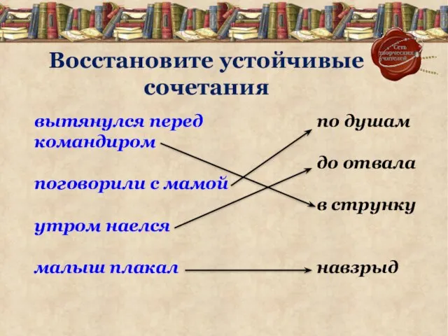 Восстановите устойчивые сочетания вытянулся перед командиром поговорили с мамой утром наелся малыш