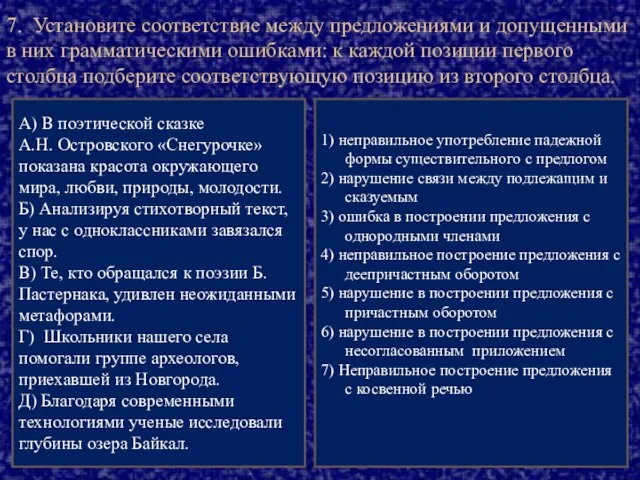 7. Установите соответствие между предложениями и допущенными в них грамматическими ошибками: к