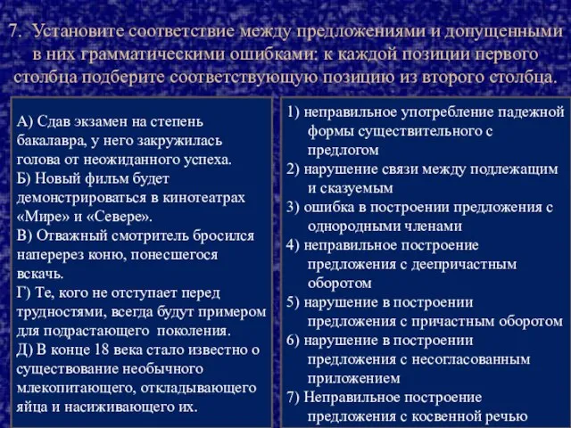 7. Установите соответствие между предложениями и допущенными в них грамматическими ошибками: к