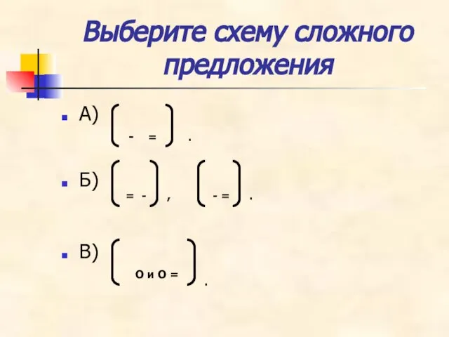 Выберите схему сложного предложения А) Б) В) - = . = -