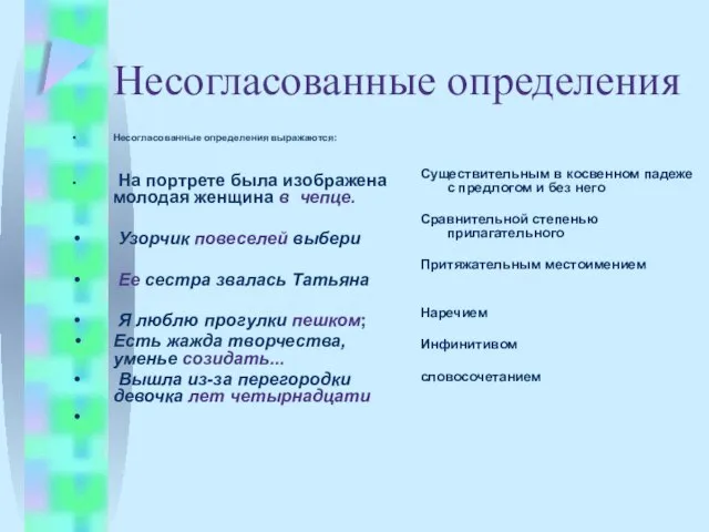 Несогласованные определения Несогласованные определения выражаются: На портрете была изображена молодая женщина в