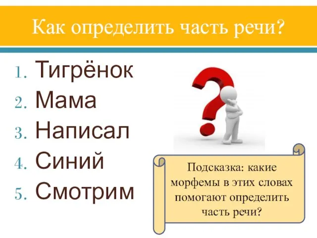 Как определить часть речи? Тигрёнок Мама Написал Синий Смотрим Подсказка: какие морфемы