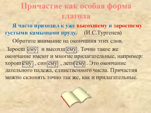 Я часто приходил к уже высохшему и заросшему густыми камышами пруду. (И.С.Тургенев)