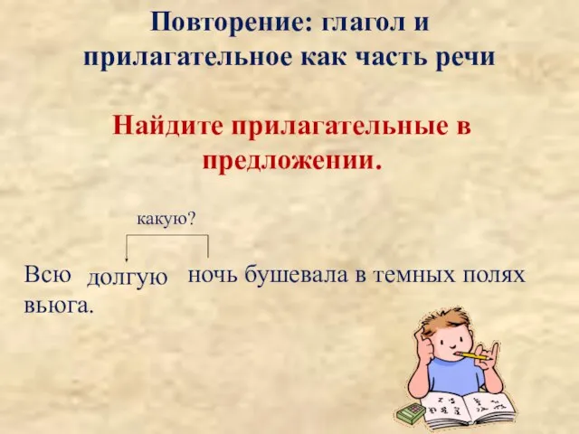 Найдите прилагательные в предложении. Всю ночь бушевала в темных полях вьюга. Повторение: